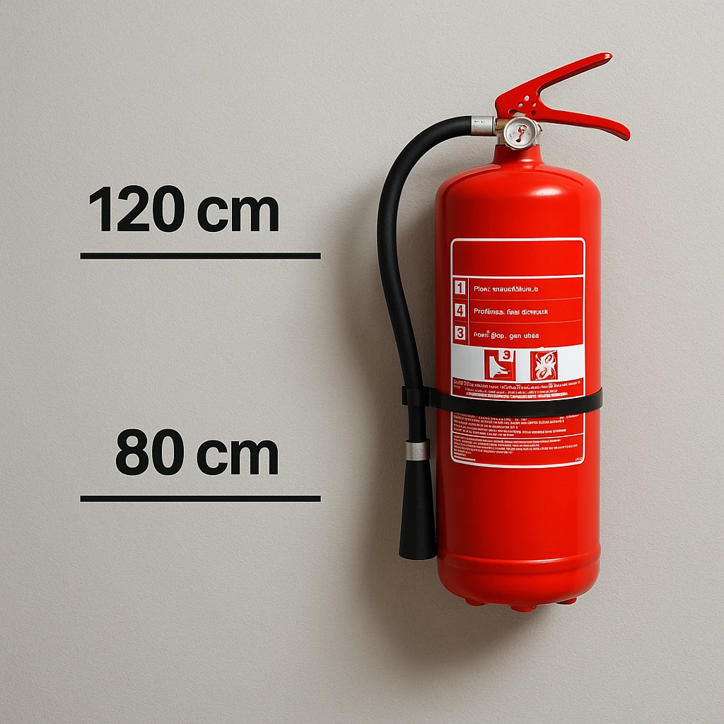 Extintor rojo Extintores A2J instalado a la altura correcta según RIPCI, entre 80 y 120 cm sobre el suelo