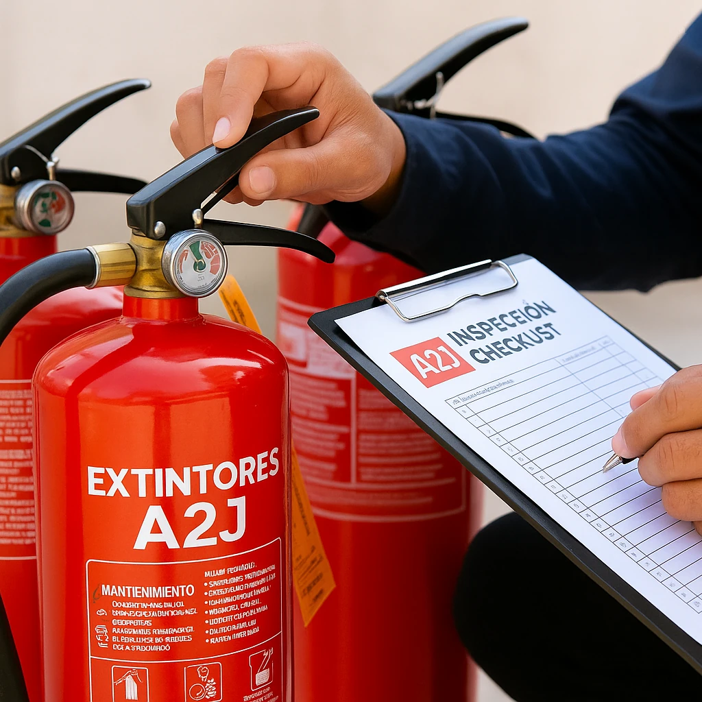 Técnico de mantenimiento inspeccionando varios extintores de incendios rojos con checklist en mano, verificando manómetros y etiquetas de mantenimiento de la empresa Extintores A2J en un entorno profesional de seguridad contra incendios.