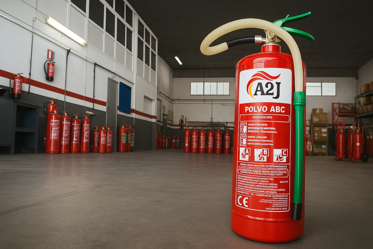 Vista panorámica de un taller de mantenimiento de extintores con equipos ABC en revisión y personal técnico especializado en sistemas contra incendios.