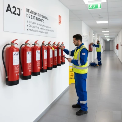 Técnicos revisando extintores alineados en un pasillo durante una inspección periódica de protección contra incendios conforme al RIPCI
