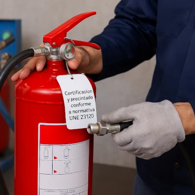 Técnico realizando la verificación de un extintor con etiqueta de control conforme a la norma UNE 23120 durante el mantenimiento periódico