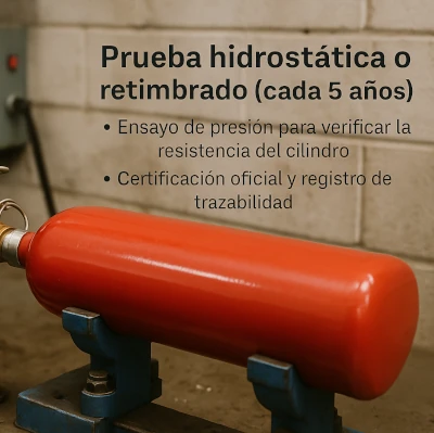 Extintor sometido a prueba hidrostática para verificar la resistencia del cilindro durante el proceso de retimbrado obligatorio cada cinco años