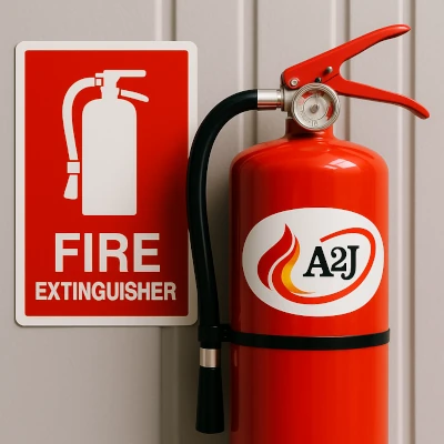 Extintor rojo con etiqueta de seguridad y cartel identificativo FIRE EXTINGUISHER instalado en pared