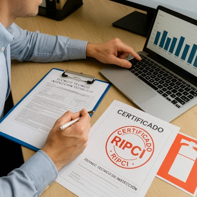 Técnico revisando informes y gráficos de mantenimiento PCI junto a un certificado RIPCI en mesa de trabajo