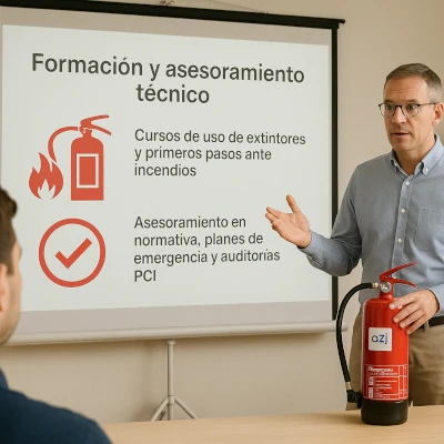 Instructor de A2J Mantenimientos mostrando el uso correcto de un extintor durante una formación en protección contra incendios.