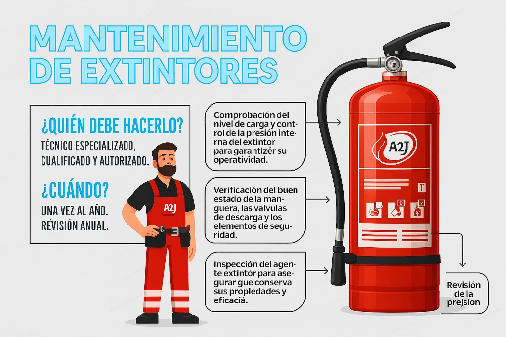 Ilustración informativa sobre el mantenimiento anual de extintores A2J, mostrando un técnico especializado y un extintor con indicaciones de revisión de presión, manguera, agente extintor y válvulas. Diseño educativo en tonos rojo y azul.