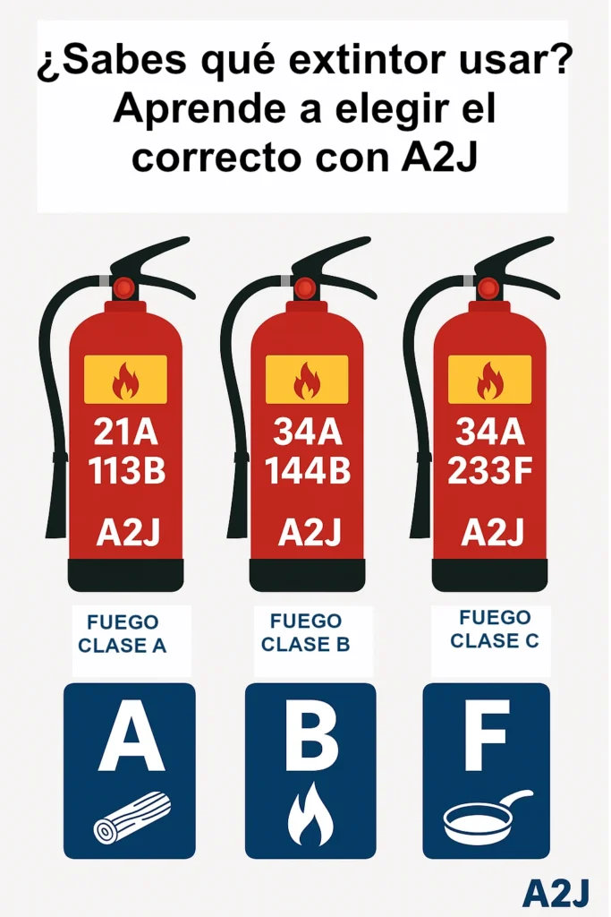 Infografía con tres extintores A2J que muestran su capacidad de extinción (21A 113B, 34A 144B y 34A 233F) según el tipo de fuego: A, B y F, con pictogramas de madera, llama y sartén.